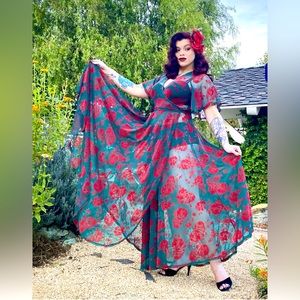 Red Rose Flocked Lydia Dress by Wax Poetic Clothing